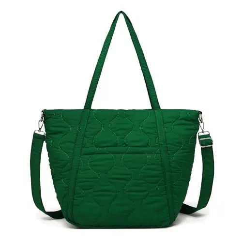 Produktbild: JANSBEN Gesteppte Tasche mit Breiter gurt,Baumwollweiche Damen Große Kapazität Schultertasche mit modischer Ziersteppung,Winter Puffer Handtasche Shopper für Arbeit Reisen Einkaufen Schule(Grün)
