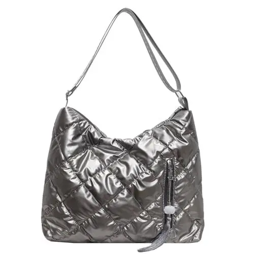 Produktbild: JANSBEN Puffer Schultertasche Damen Gesteppte Tasche mit Breiter Gurt Handtasche Baumwolle Winter Puffy Umhängetasche für Uni Arbeit Reisen Einkaufen,Silber
