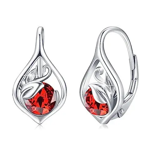 Produktbild: Januar Geburtsstein Ohrringe 925 Sterling Silber Ranke Leverback Ohrringe für Frauen Geburtsstein Creolen Schmuck für Frauen (Granat)