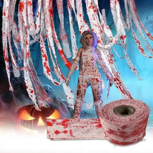 Produktbild: Wonjean Halloween-Blutbandage, Halloween Blutige Binde 8 cm*10 M Lange Halloween Blutige Gaze Blutverband Requisiten, Terror Blutige Organisation Gaze, Blutige Horror Gaze Halloween dekostoff