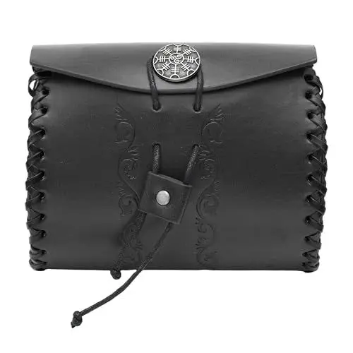 Produktbild: JAOYU Gürteltasche Mittelalter, Kunstleder Tragbare Renaissance Gürtelbeutel, Nordisches Portemonnaie Würfelbeutel für LARP Ren Fair (Stil C Schwarz)
