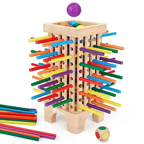 Produktbild: Japace Montessori Spiel Brettspiel aus Holz, 42 Stück Bunte Holzstäbchen Würfelspiel Mathematik Lernspielzeug ab 3 4 5 6 Jahre, Feinmotorik Spiel & Zählspielzeug Familienspiel Reisespiel für Kinder