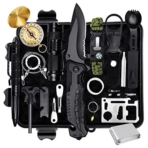 Produktbild: Japaknives Multifunktionales Survival Kit 15 in 1 Notfall Set mit Klappmesser Taschenlampe Kompass Rettungsdecke für Camping Abenteuer Wandern Jagen Angeln Outdoor Survival Ausrüstung