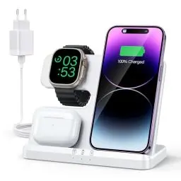 Produktbild: JARGOU 3 in 1 Kabelloses Ladegerät, Induktive Ladestation für Apple Watch und iPhone, Wireless Charger für iPhone 16 15 14 13 12 11 Pro Max, für Apple Watch 10/9/Ultra/8/7/6/SE/5/4/3/AirPods Pro 4 3 2