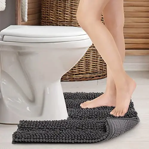 Produktbild: JARITTO Badezimmerteppich rutschfest Wc Vorleger mit Ausschnitt Podest für Toilette Toiletten-Sockelmatte Waschbar Badvorleger Badematte Mikrofaser Saugfähig - U-Förmige 51 x 51 cm (Grau)