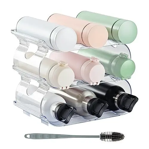 Produktbild: Jarkyfine Stapelbarer Flaschenhalter mit Flaschenbürste Stapelbar Flaschenregal für Kühlschrank, Schrank, Vorratskammer Flaschen Organizer Küche Wasserflaschenhalter für Küchenarbeitsplatte 3er-Pack