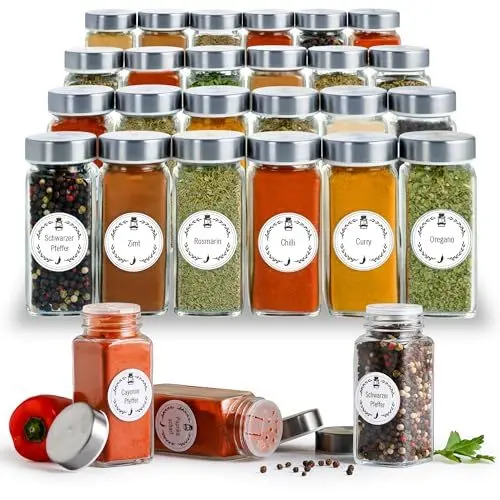 Produktbild: Jarlie EDELSTAHLDECKEL Gewürzgläser Eckig mit Streueinsatz, 24er Gewürze Set 120ml Gewürz Organizer - Spice Jars, Luftdichte Gewürzdosen - Gewürzstreuer mit Gewürzetiketten, Trichter & Bürste