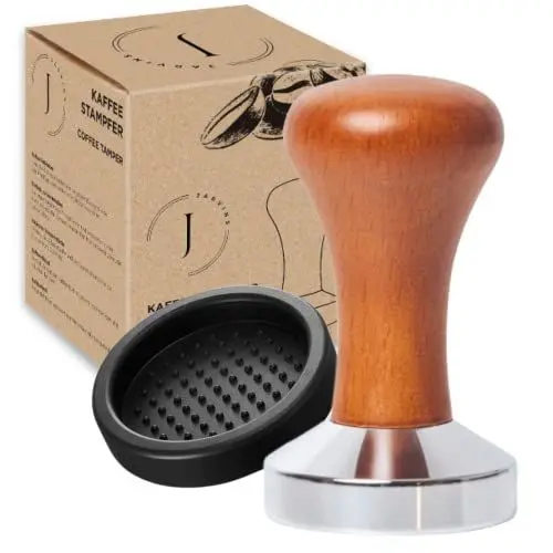 Produktbild: Jarvins Tamper für Siebträger inkl. Tampermatte | Kaffeestampfer mit hochwertigem Echtholzgriff und Edelstahl | Voller Kaffee-Genuss mit Espresso Stempel | Barista-Werkzeug für Kaffeeliebhaber (51 mm)