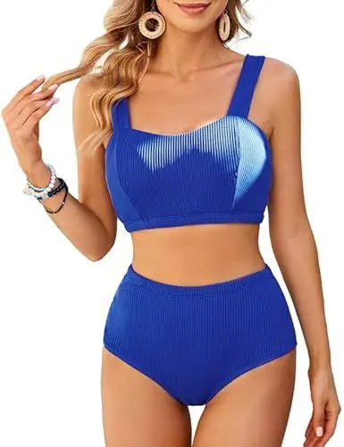 Produktbild: JASAMBAC Badeanzug Damen Bauchweg,Bikini-Sets FüR Damen, Bikini-Oberteil Und High Waist Bikini-Unterteile Badebekleidung Weiche Bademode Elastische Schwimmanzug Gerippt Bescheiden Bademode