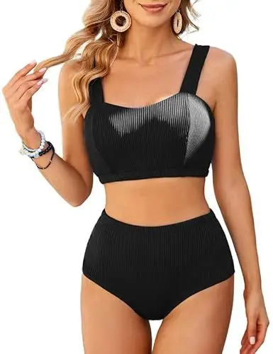 Produktbild: JASAMBAC Bikini Damen Set Push Up，Badeanzug Damen Bauchweg, Vbikini Oberteil Und High Waist Bikini-Unterteile Badebekleidung Weiche Bademode Elastische Schwimmanzug Gerippt Bescheiden Bademode