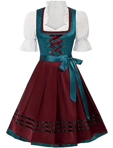 Produktbild: JASAMBAC Damen Dirndl 3 Teilig Oktoberfest Kostüme für Bayerischen Karneval Blau+Grün XL