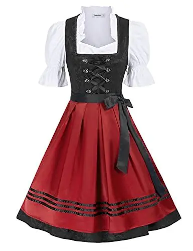 Produktbild: JASAMBAC Damen Dirndl 3 Teilig Oktoberfest Kostüme für Bayerischen Karneval Schwarz+Rot S