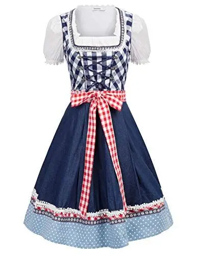 Produktbild: JASAMBAC Damen Dirndl midi 3-teiliges Trachtenkleid Trachtenrock Kleid Dirndlbluse für Oktoberfest, Karneval Blau M