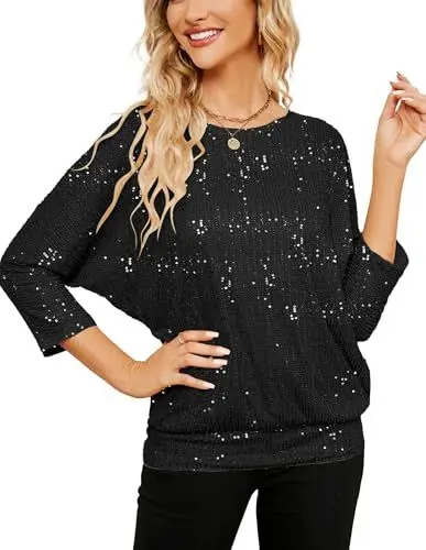 Produktbild: JASAMBAC Sexy Oberteil Damen Party Pailletten Oberteil Rundhalsausschnitt Festliche Blusen Funkelnde Schulterfreies Abend- Tunika 3/4-äRmel Elegante Hemdbluse
