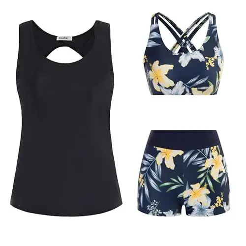 Produktbild: JASAMBAC Tankini Damen Bauchweg, 3-Teiliger Bikini Set,Push-Up-Bikinioberteil Und High Waist Badeshorts, Einfache Badebekleidung, Damen-Sport-Badeanzug, Badebekleidung FüR Schwimmbad, Strand