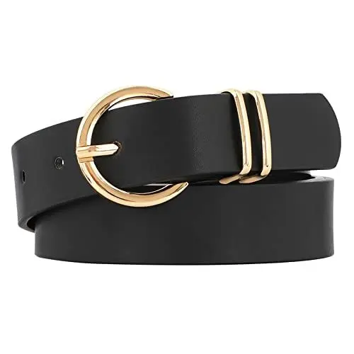 Produktbild: JasGood Damen Ledergürtel für Jeans Hosen Kleider Mode Goldschnalle Damen Leder Gürtel, Schwarz, 110cm