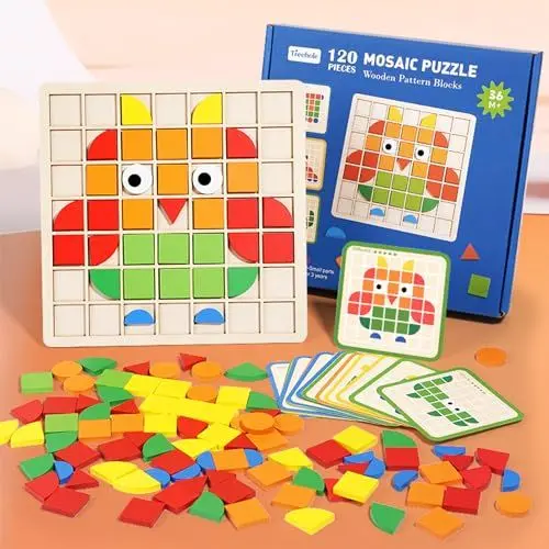 Produktbild: Jastown 120pcs Kreative Mosaik-Puzzle,Hölzerne Muster Blöcke Set,Form Matching Game,Montessori Spielzeug ab 3 4 5 6 Jahre,Tangram Kinder,Sensorische Feinmotorik Konzentrationsspiele Lernspiele