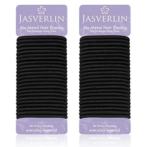Produktbild: JASVERLIN Schwarze dicke Haargummis - 5mm Dicke Gummibänder Pferdeschwanzhalter für Frauen Mädchen Curly Textur Gummibänder Durable Stretchy Nylon Hairties für Zöpfe 48 Zählung