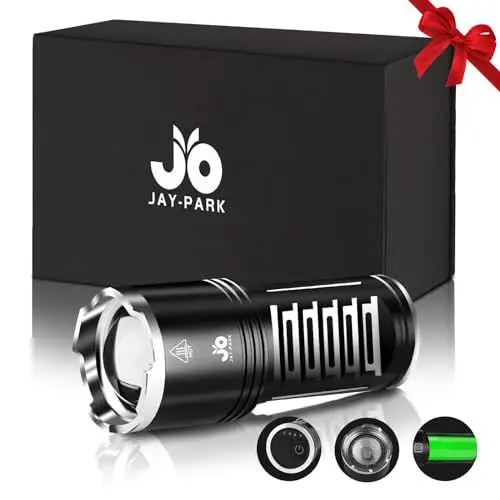 Produktbild: JAY-PARK Taschenlampe LED Aufladbar 500000 Lumen, LED Taschenlampen Extrem Hell, 3 Lichtmodi, Zoombar, Starke, IPX7 Wasserdich, Eingebauter 10800-mAh-Akku