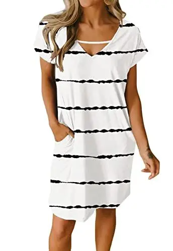 Produktbild: JayscreateEU Damenkleid Sommerkleid Tunikakleid T-Shirtkleid Knielanges Kleid A-Linie Kurzarm Freizeitkleid V-Ausschnitt Kleid mit Taschen Strandkleid Umstandskleid，Weiße Welle，M