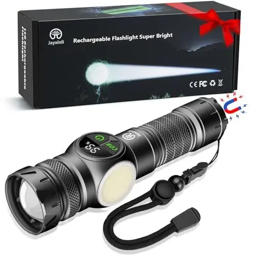 Produktbild: Jayxinli Taschenlampe 500000 Lumen mit Magnet, LED Taschenlampe Usb Aufladbar, Extrem Helle Taschenlampe Mit LCD Leistungsanzeige, Starke Taschenlampe mit COB 9 Leuchtmodi Und Zoom