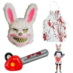 Produktbild: JazRvr 4er-Set Horror Hase Kostüm für Herren, Damen und Teenager, Halloween Kostüm mit blutiger Maske und Schürze, Gruseliges Outfit für Parties und Cosplay