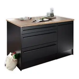 Produktbild: JAZZ Moderne Kücheninsel mit Arbeitsplatte freistehend in Schwarz matt, Lanzelot Eiche Optik - Geräumiger Küchenschrank - 145 x 90 x 90 cm (B/H/T)