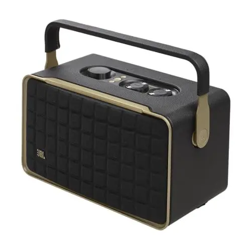 Produktbild: JBL Authentics 300 Tragbarer Smart Home Lautsprecher – 70er Jahre Retro-Design Bluetooth Box – Mit Google Assistant, Alexa, AirPlay und JBL One App – Schwarz