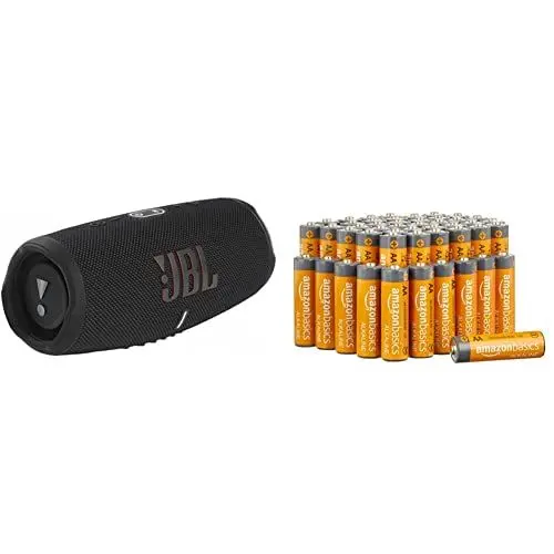 Produktbild: JBL Charge 5 Bluetooth-Lautsprecher in Schwarz – Wasserfeste, Portable Boombox mit integrierter Powerbank und Stereo Sound & Amazon Basics AA-Alkalibatterien, leistungsstark, 1,5 V, 48 Stück