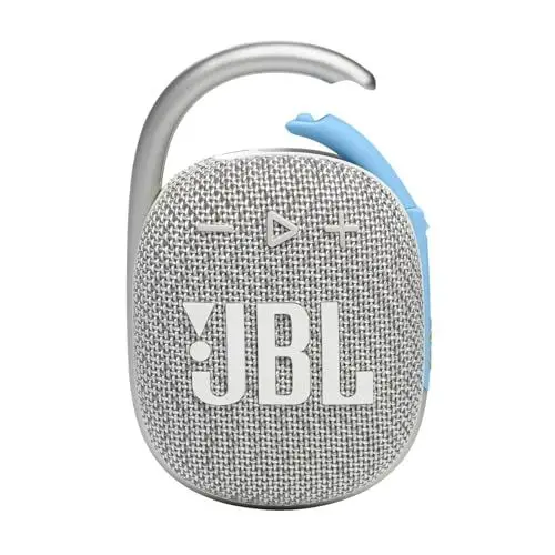 Produktbild: JBL Clip 4 Eco Bluetooth Lautsprecher aus recyceltem Material - Weiß – Wasserdichte, tragbare Musikbox mit praktischem Karabiner – Bis zu 10 Stunden kabelloses Musik Streaming