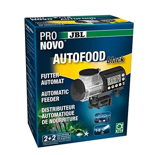 Produktbild: JBL PRONOVO AUTOFOOD, Futterautomat für Aquarium, Fütterung mit Fischfutter-Granulat bis zu 4x täglich, Inkl. Halterung und Adapterring zur Erweiterung des Volumens auf 375 ml, Schwarz