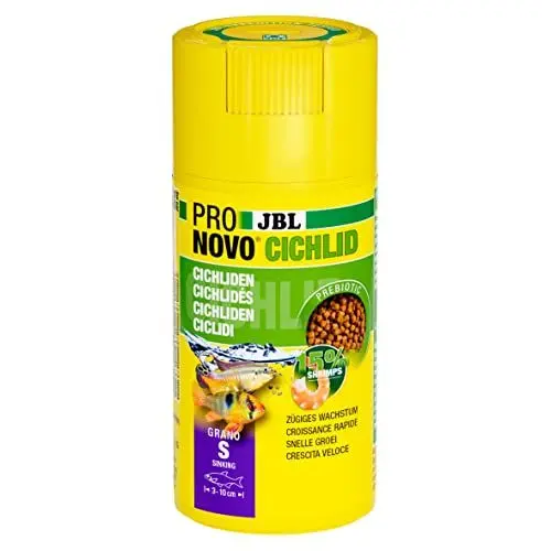 Produktbild: JBL PRONOVO CICHLID GRANO, Hauptfutter für kleine Buntbarsche von 3-10 cm, Klickdosierer, Fischfutter-Granulat, Größe S, 100 ml