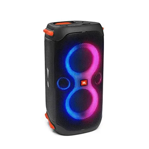 Produktbild: JBL PartyBox 110 in Schwarz – Trag- und rollbarer Bluetooth Party-Lautsprecher mit Lichteffekten – Spritzwassergeschützte, mobile Musikbox mit Akku