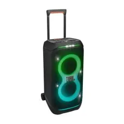 Produktbild: JBL Partybox Stage 320 in Schwarz – Tragbare Bluetooth-Lautsprecher-Box mit JBL Pro Sound, Lichtshow, KI-Sound-Boost, Rollen und Teleskopgriff – 18 h Laufzeit