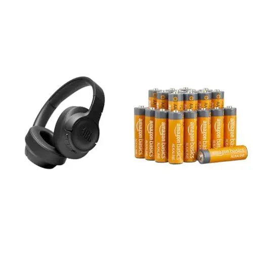 Produktbild: JBL Tune 760 NC – Bluetooth Over-Ear Kopfhörer in Schwarz mit aktivem Noise-Cancelling – Langer Musikgenuss von bis zu 35 Stunden & Amazon Basics AA-Alkalibatterien