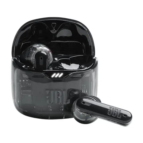Produktbild: JBL Tune Flex Ghost Kopfhörer – Wasserfeste In-Ear-Kopfhörer mit Noise-Cancelling, Bluetooth und bis zu 32 Stunden Akkulaufzeit – Schwarz (Black Ghost)