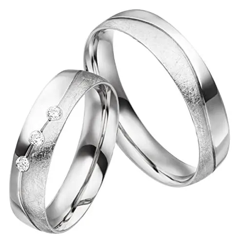 Produktbild: JC Trauringe 925er Sterling Silber Paar-Preis I Eheringe mit kostenfreier Gravur I Partnerringe 5,0 mm breit inkl. Etui I Herren-Ring ohne & Damen-Ring mit Zirkonia-Steinen I Größe 45 bis 76 I MT34-S