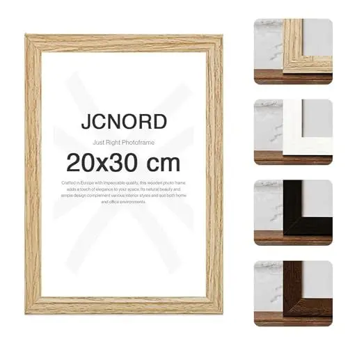 Produktbild: JCNORD MDF Eichenfarbener Holz Bilderrahmen 20x30 cm mit bruchsicherem Acrylglas | Moderner Fotorahmen für Wände und Tische