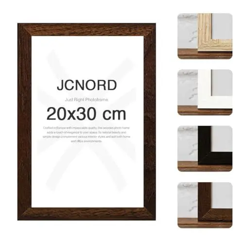 Produktbild: JCNORD MDF Walnussfarbener Holz Bilderrahmen 20x30 cm mit bruchsicherem Acrylglas | Moderner Fotorahmen für Wände und Tische