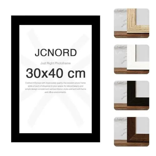 Produktbild: JCNORD Schwarzer MDF Holz Bilderrahmen 30x40 cm mit bruchsicherem Acrylglas | Moderner Fotorahmen für Wände und Tische