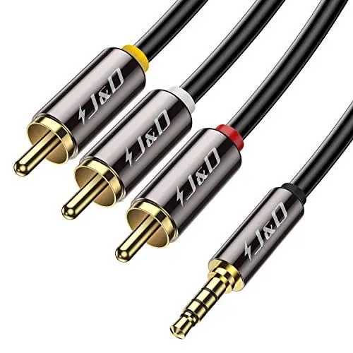 Produktbild: J&D 3,5 mm zu 3RCA Stereo Audio Video Kabel, RCA Kabel Gold-Plated Kupfer Shell Heavy Duty 3,5mm (1/8 Zoll) Männlich TRRS auf 3 RCA Männlich für Lautsprecher Smartphone, 1,8 Meter