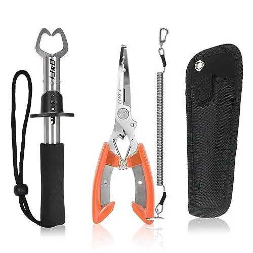 Produktbild: J&D Angelzange und Fischlippenzange Set, Multifunktionale Edelstahl Angelzange Zahnradhakenentferner mit Sicherheitsspule mit Scheide und Lanyard für Süßwasser Salzwasserfischen, Orange