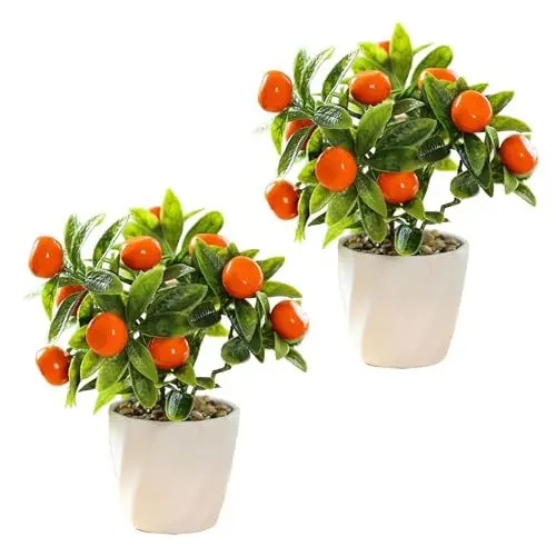 Produktbild: JDEFARF 2 Stück Künstliche Topfpflanzen, Künstlicher Orangenbaum, Simulierte Zitronenpflanzen, Obst-Bonsai-Topfpflanze, Künstliche Topfpflanze, Früchte für Wohnzimmer, Garten, Schlafzimmer,(Orange)