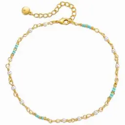 Produktbild: JDGEMSTONE Handgemachte Rund Perle Fußkette,Boho Fußkettchen,Perlen Fussketten für Frauen,Fusskettchen Gold 585 Echtgold,Blau Fußkettchen für Damen,Mädchen,Strand Accessoires,Designer Fußkettchen