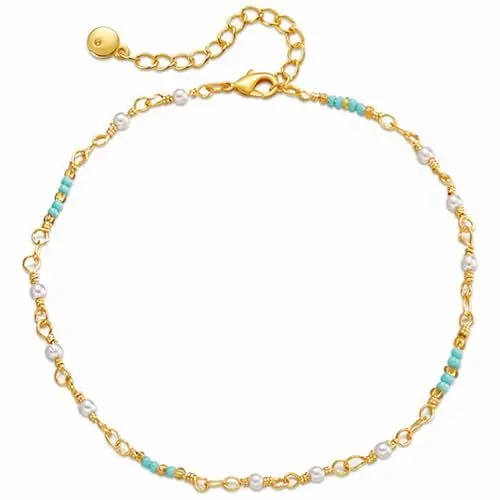 Produktbild: JDGEMSTONE Handgemachte Rund Perle Fußkette,Boho Fußkettchen,Perlen Fussketten für Frauen,Fusskettchen Gold 585 Echtgold,Blau Fußkettchen für Damen,Mädchen,Strand Accessoires,Designer Fußkettchen