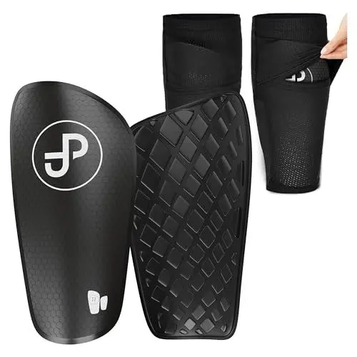 Produktbild: JDP Performance Schienbeinschoner Fußball Herren inkl. Strumpf mit Einstecktasche, rutschfeste Fussball Schienbeinschoner zum Einschieben, hochwertiger Mini Schienbeinschoner für Erwachsene schwarz