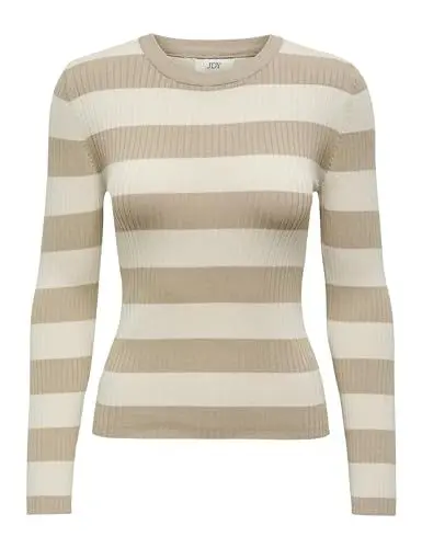 Produktbild: JDY Damen Gestreifter Langarm Strickpullover Striped Oberteil Gerippt Basic Knit Sweater Top JDYPLUM, Farben:Beige, Größe:M