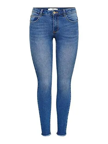 Produktbild: JDY Damen Skinny Fit Jeans Regular Waist Ankle Cut JDYSONJA Stretch Denim Hose mit Fransen, Farben:Blau, Größe:S / 32L