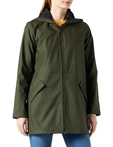 Produktbild: JdY Damen Regenjacke Wasserdicht Kapuze Seitentaschen Reißverschluss Lang Komfortabel, Farben:Dunkelgrün, Größe:S