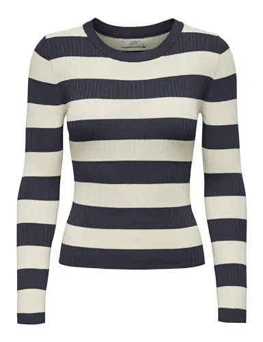 Produktbild: JdY Damen Gestreifter Langarm Strickpullover Striped Oberteil Gerippt Basic Knit Sweater Top JDYPLUM, Farben:Dunkelblau, Größe:XS